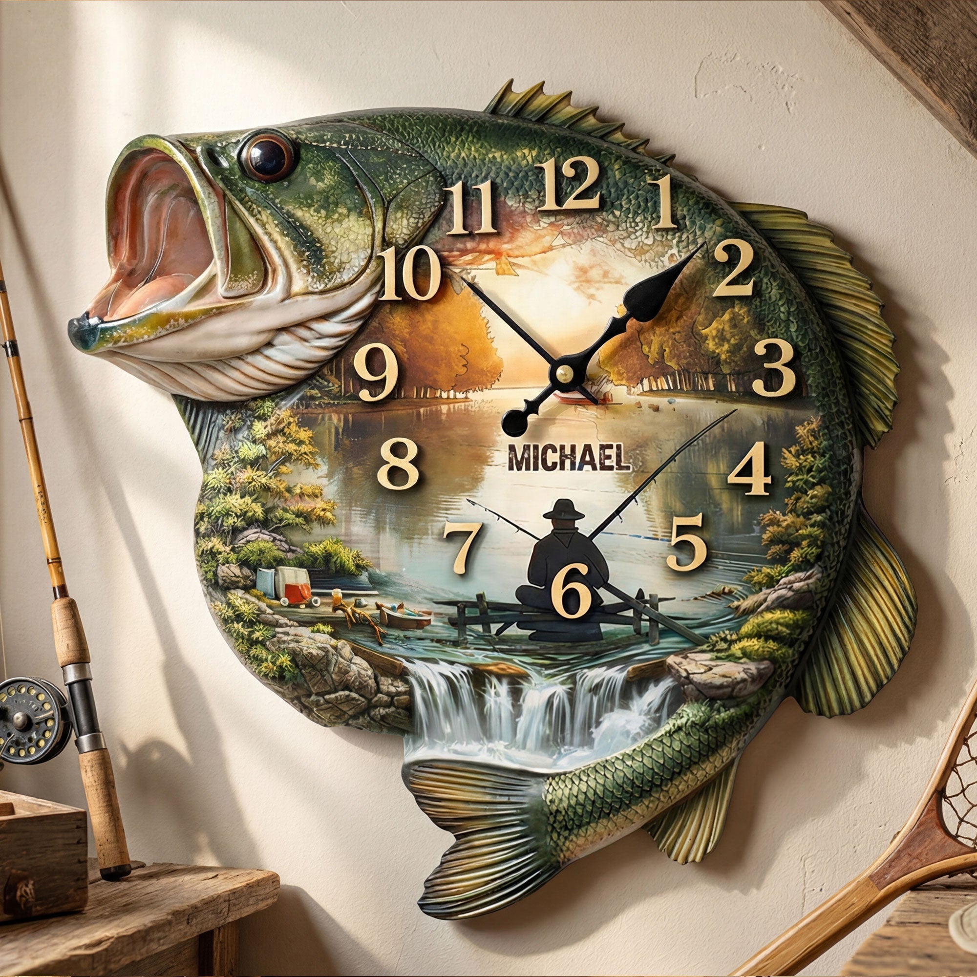 "Time for Fishing Adventures!" - Personalized Acrylic Clock for Fishing Lovers Hanging Wall Clock PopCulturePrints