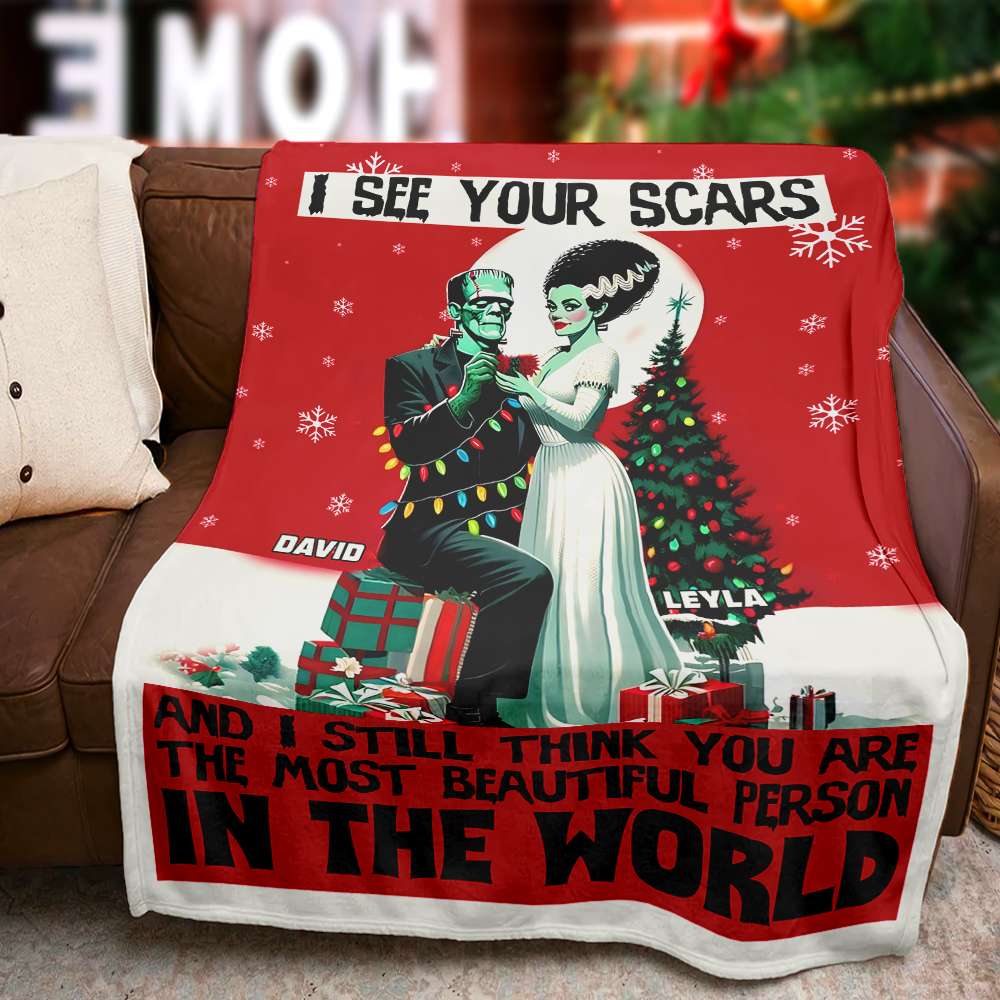 Personalized Christmas Couple Blanket - Frankenstein and Bride