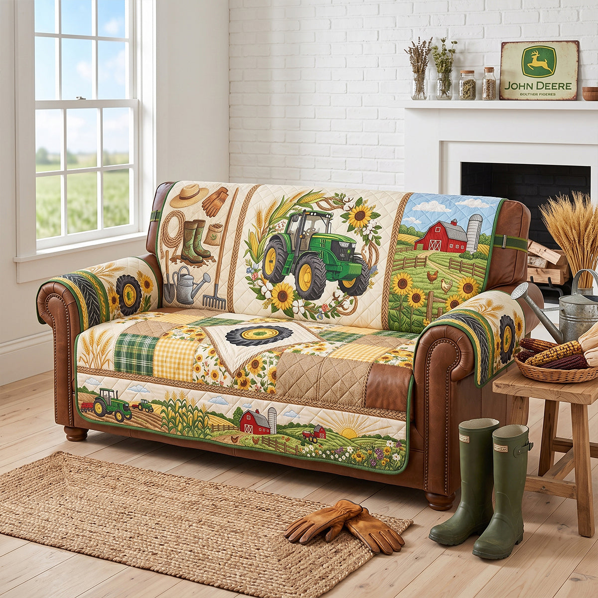 "Bring the Farm Home!" - Green Farm Tractor Quilted Sofa Cover - Personalized Gifts for Tractor Lovers Sofa Cover PopCulturePrints