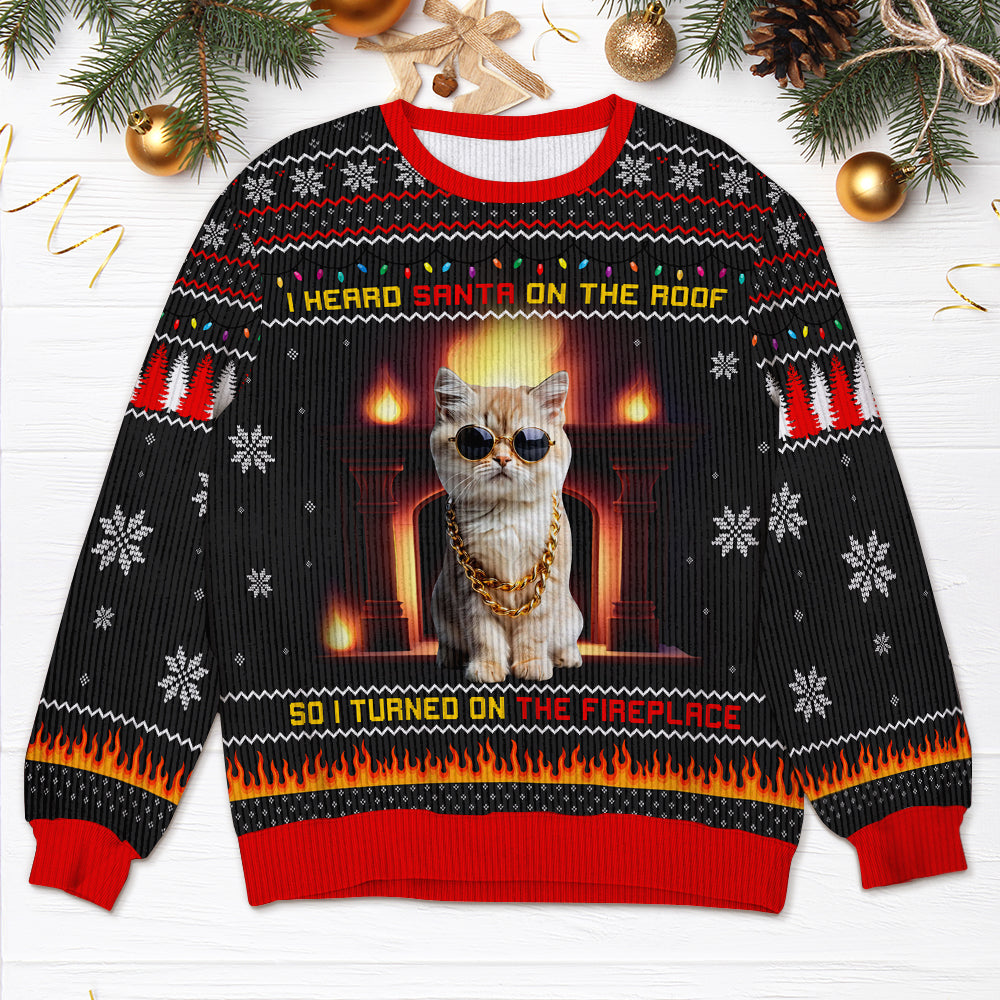 Custom Cat Christmas Sweater with Fireplace & LED Lights AOP Products PopCulturePrints