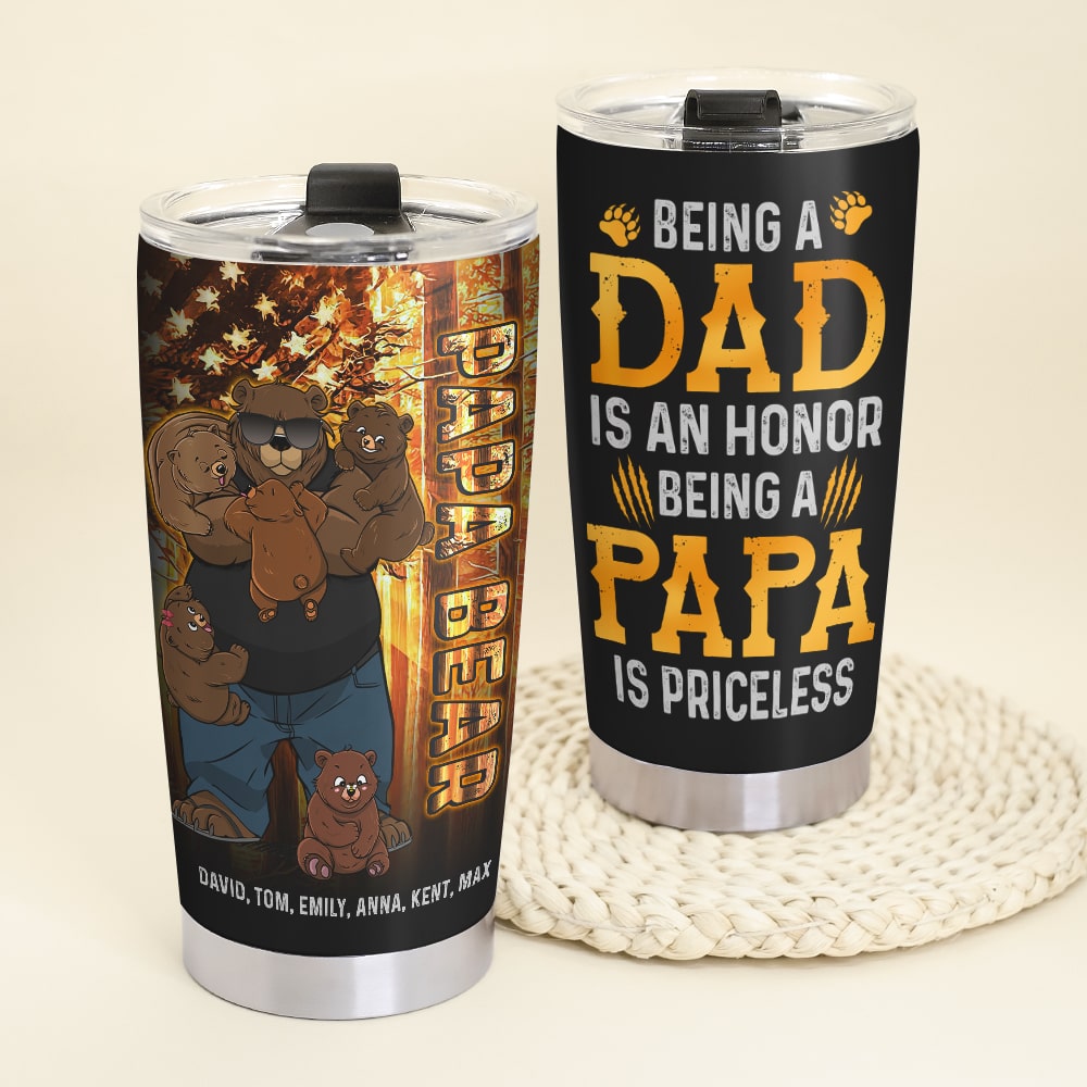 Personalized Papa Bear Tumbler - Custom Family Names Tumbler Cup PopCulturePrints