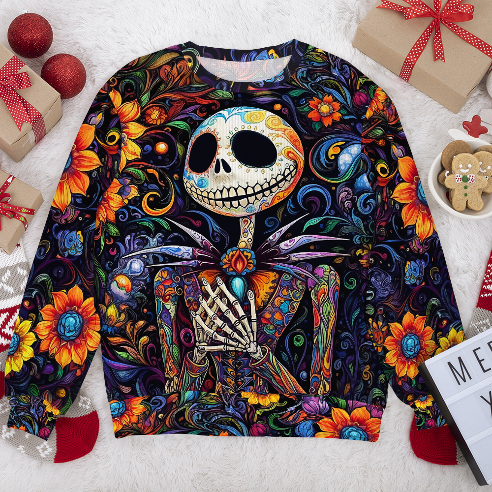 Personalized Christmas Movie Fan Ugly Sweater - Skeleton Floral Design