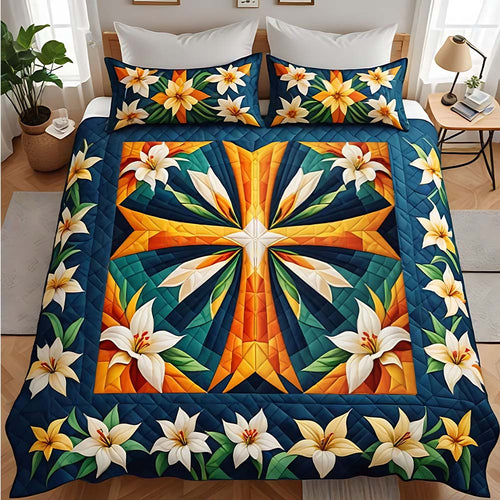 Personalized Christian Quilt Bedding Set - Cross & Lilies Design Blanket PopCulturePrints