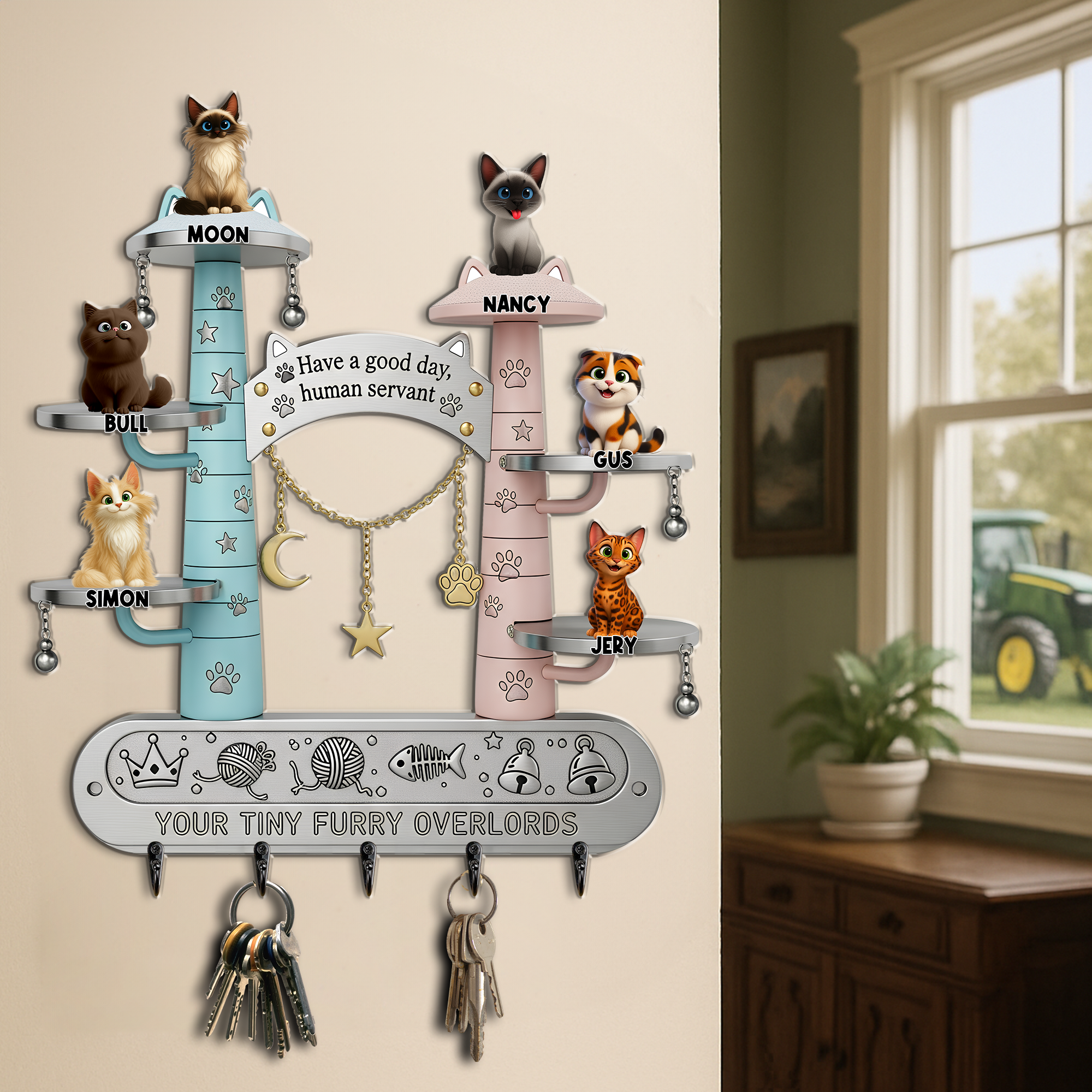 Have a Good Day, Human Servant! - Tiny Fluffy Cat Wood Key Hanger - Personalized Gift For Cat Lovers Wood Sign PopCulturePrints