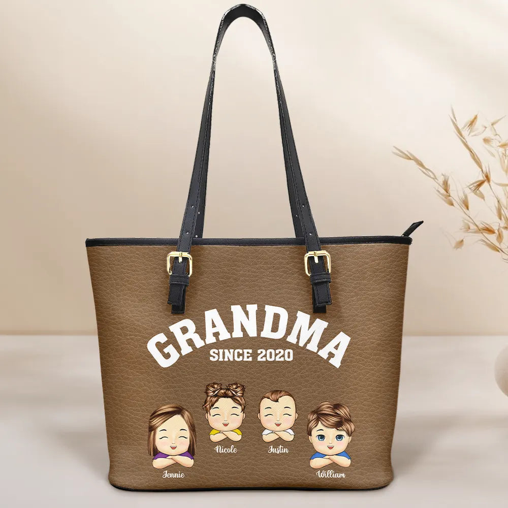 Grandma, the Heart of Our Family - Personalized Leather Tote Bag | Custom Gift for Mom & Grandma Leather Tote Bag PopCulturePrints