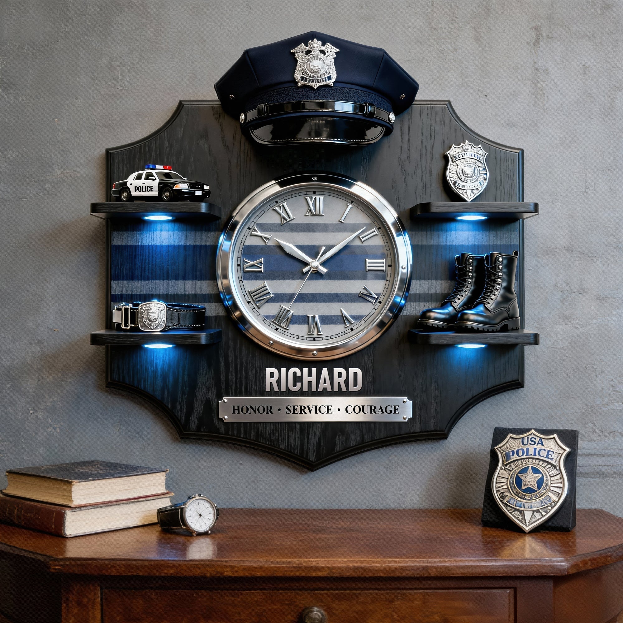 Honor, Service, Courage – Personalized Police Appreciation Acrylic Clock Gift for Officers Hanging Wall Clock PopCulturePrints