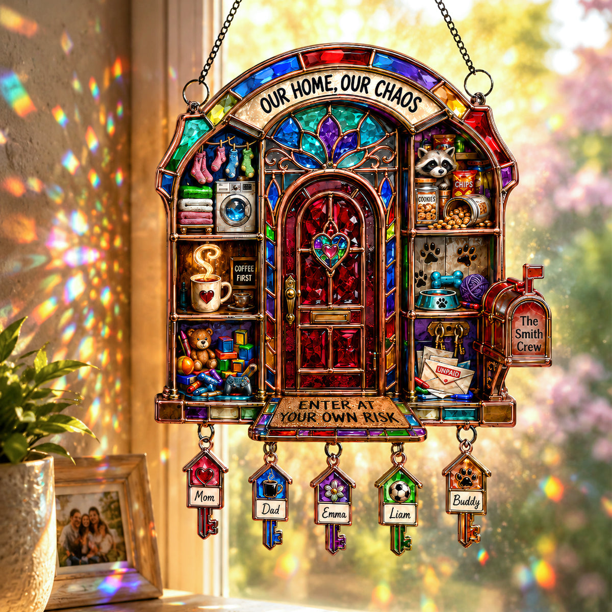 "Our Home, Our Chaos" - Custom Door Light Suncatcher Ornament - Personalized Gifts for Family & Friends
