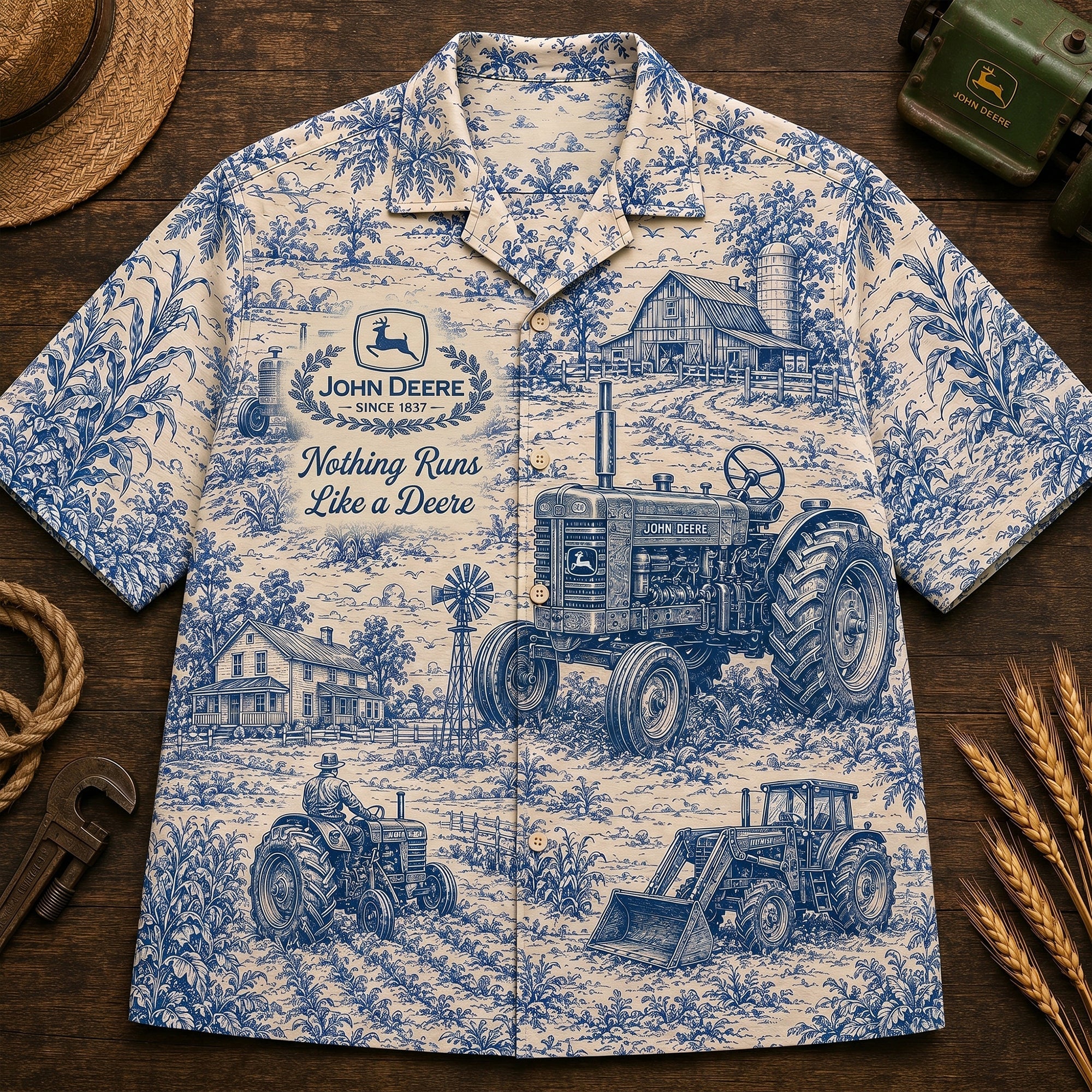 Nothing Runs Like a Deere - Farm Life Toile de Jouy Hawaiian Shirt - Personalized Gifts for Farmers