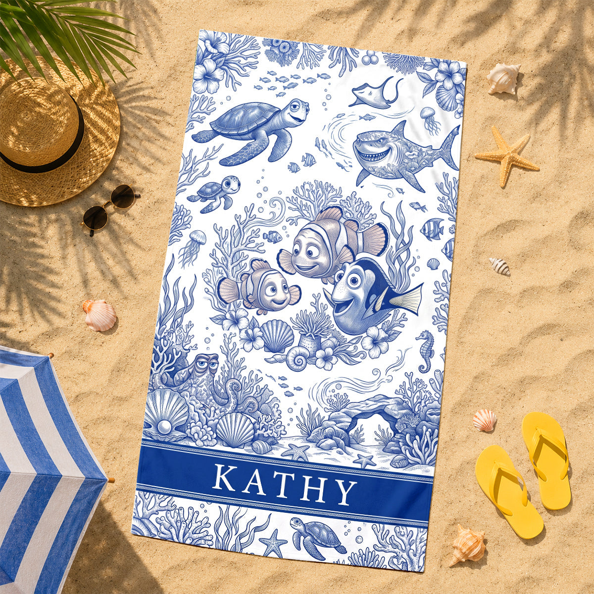 "Make Waves with Personalization!" - Joyful Ocean Current Toile De Jouy Beach Towel - Custom Gift for Friends and Family
