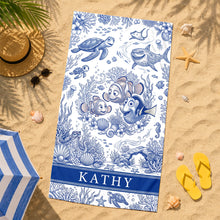 Load image into Gallery viewer, "Make Waves with Personalization!" - Joyful Ocean Current Toile De Jouy Beach Towel - Custom Gift for Friends and Family
