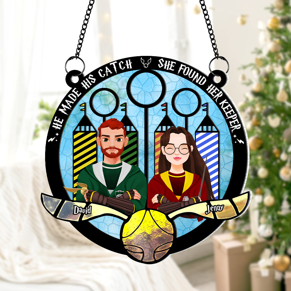 Personalized Quidditch Themed Ornament - 'He Made His Catch, She Found Her Keeper'