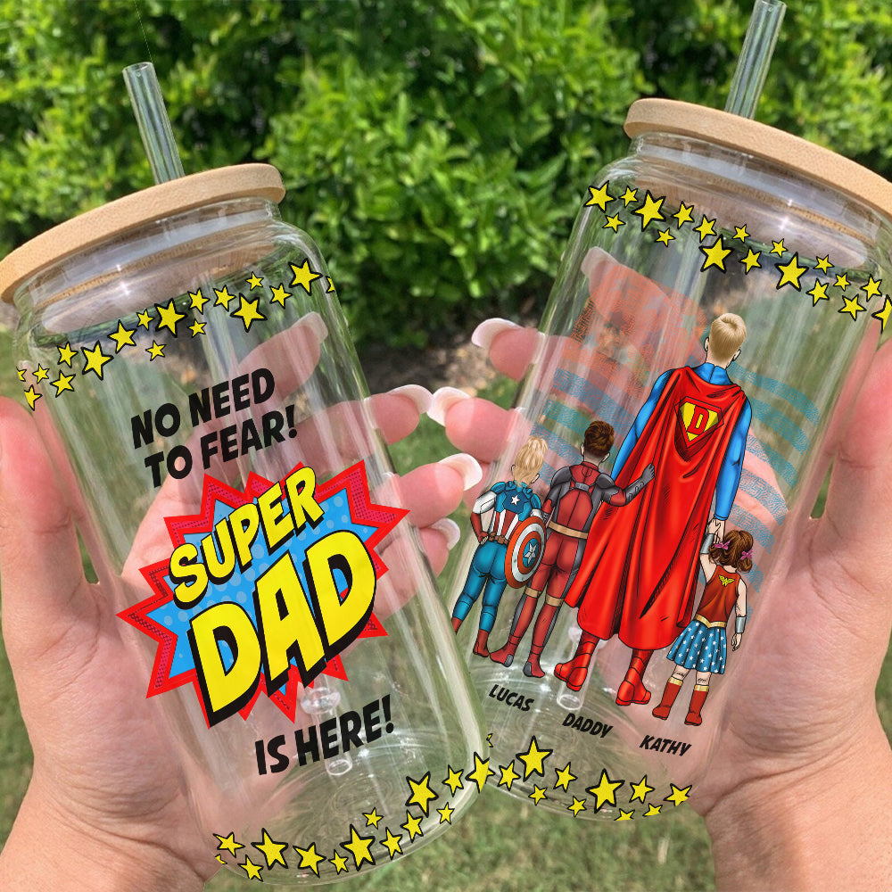 Super Dad Personalized Glass Can for Father's Day Glass Can PopCulturePrints