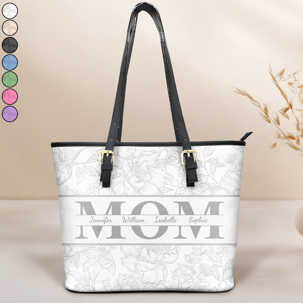 Celebrate Her Love: Personalized Mom Floral Design Tote Bag - Unique Gift for Moms and Grandmas Leather Tote Bag PopCulturePrints