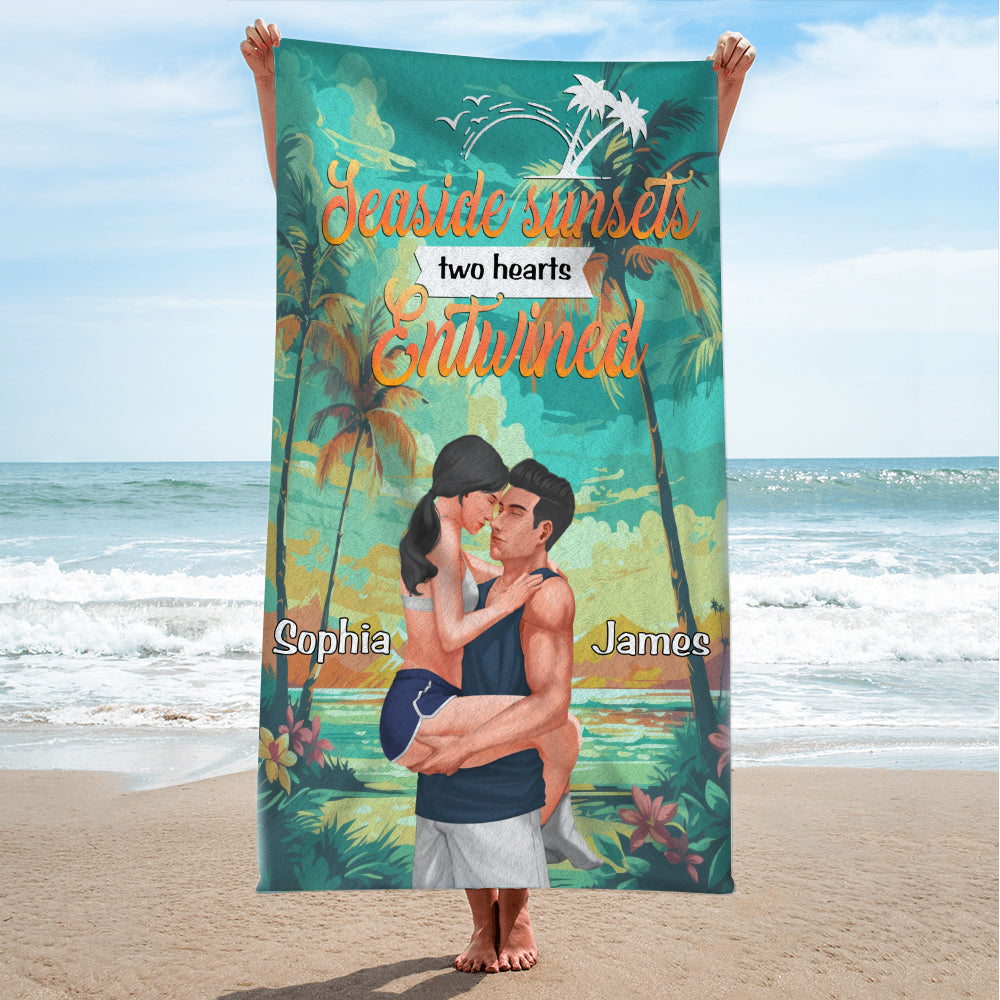 Personalized Beach Towel for Couples - Seaside Sunsets Design Beach Towel PopCulturePrints
