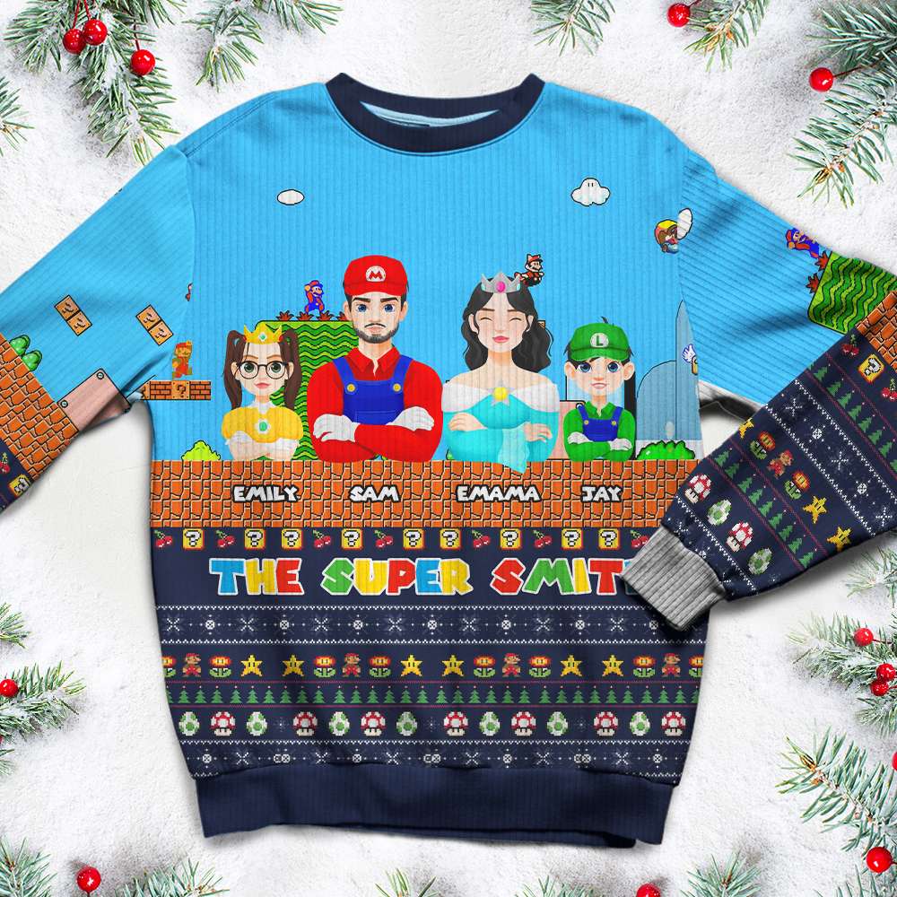 Personalized Cartoon Family Christmas Sweater - Retro Gaming Theme Ugly Christmas Sweater PopCulturePrints