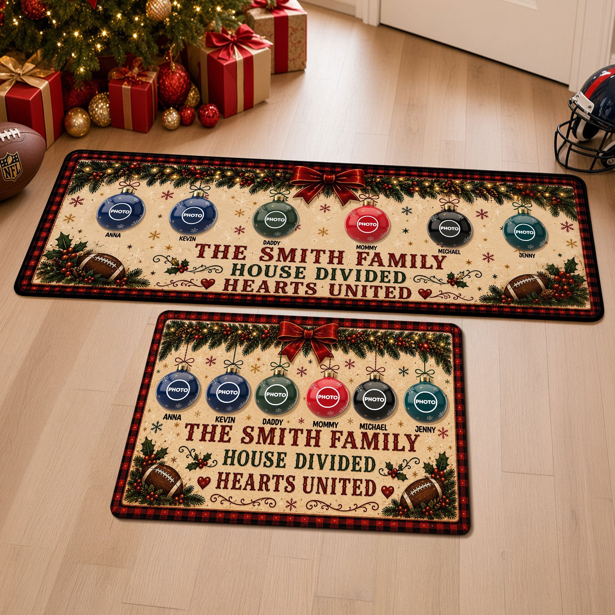 “United by Love, Divided by Football” - Personalized Family House Divided Hearts Runner Rug - Unique Gift for Families, Friends, and Football Fans
