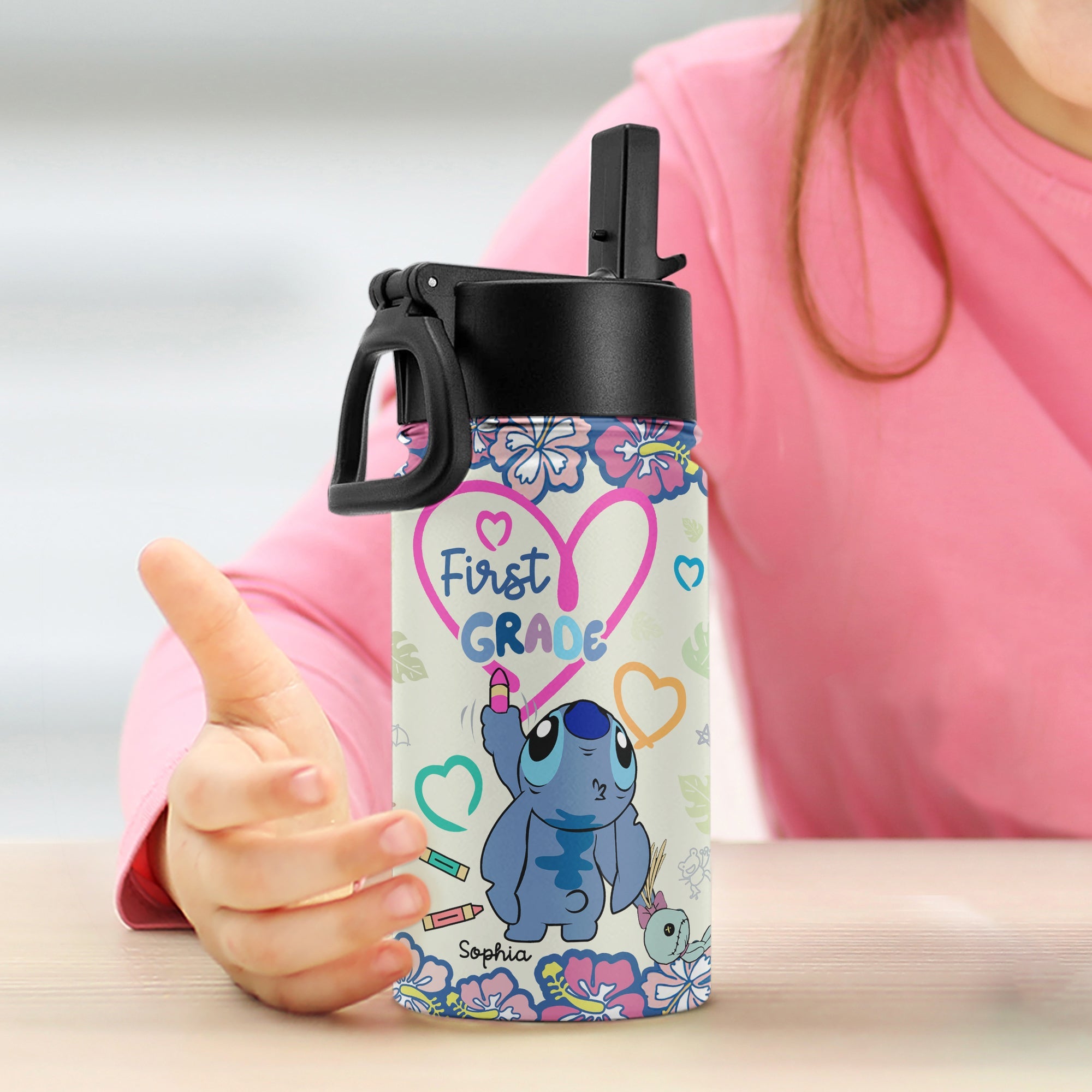 Personalized First Grade Water Bottle with Cute Cartoon Character