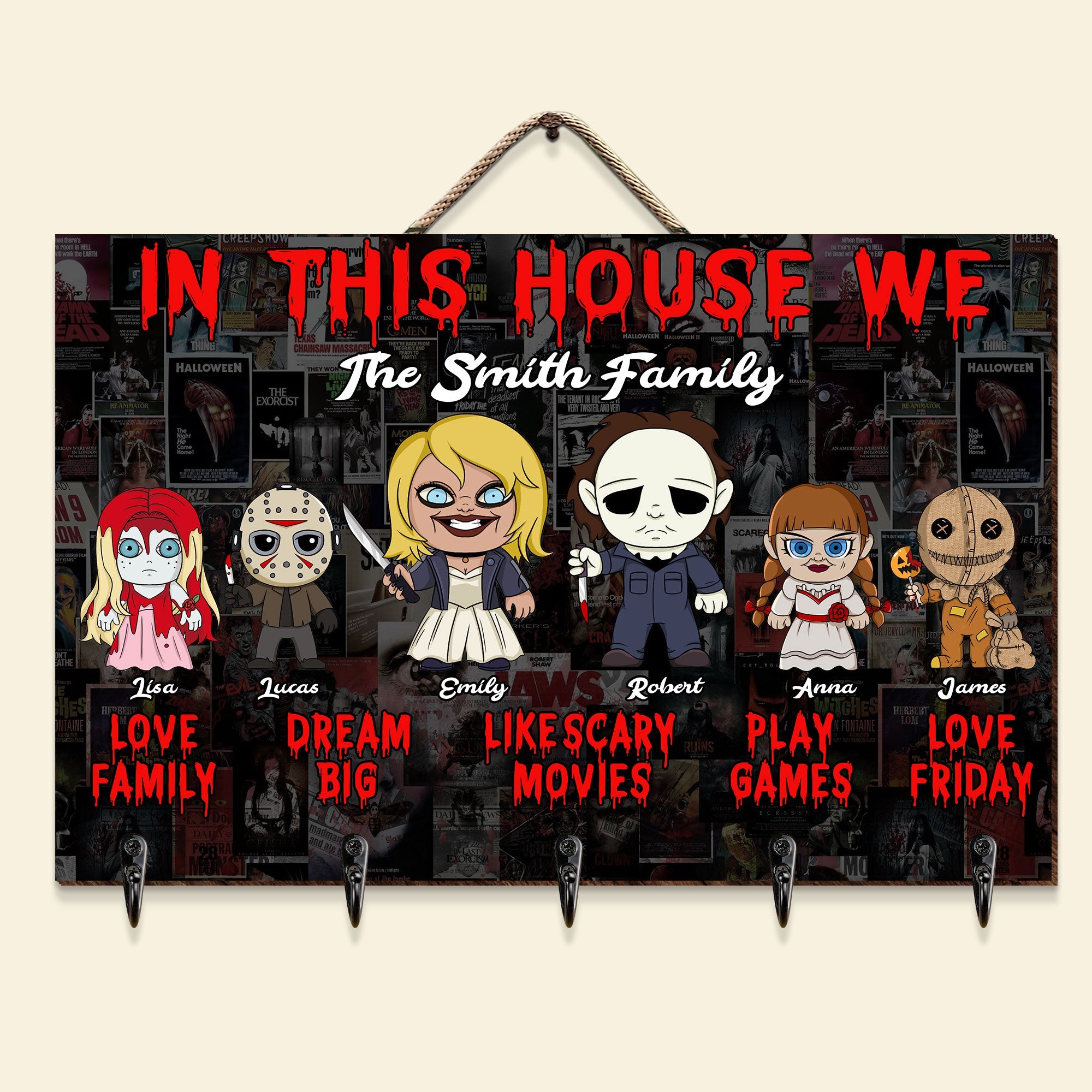 Customized Horror Family Key Hanger - Scary Movie Lovers Wood Sign PopCulturePrints