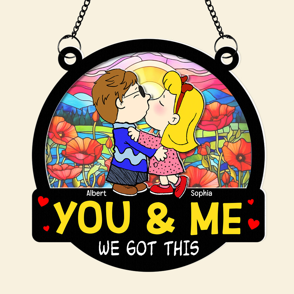 Personalized Cute Cartoon Couple Kissing Suncatcher Ornament