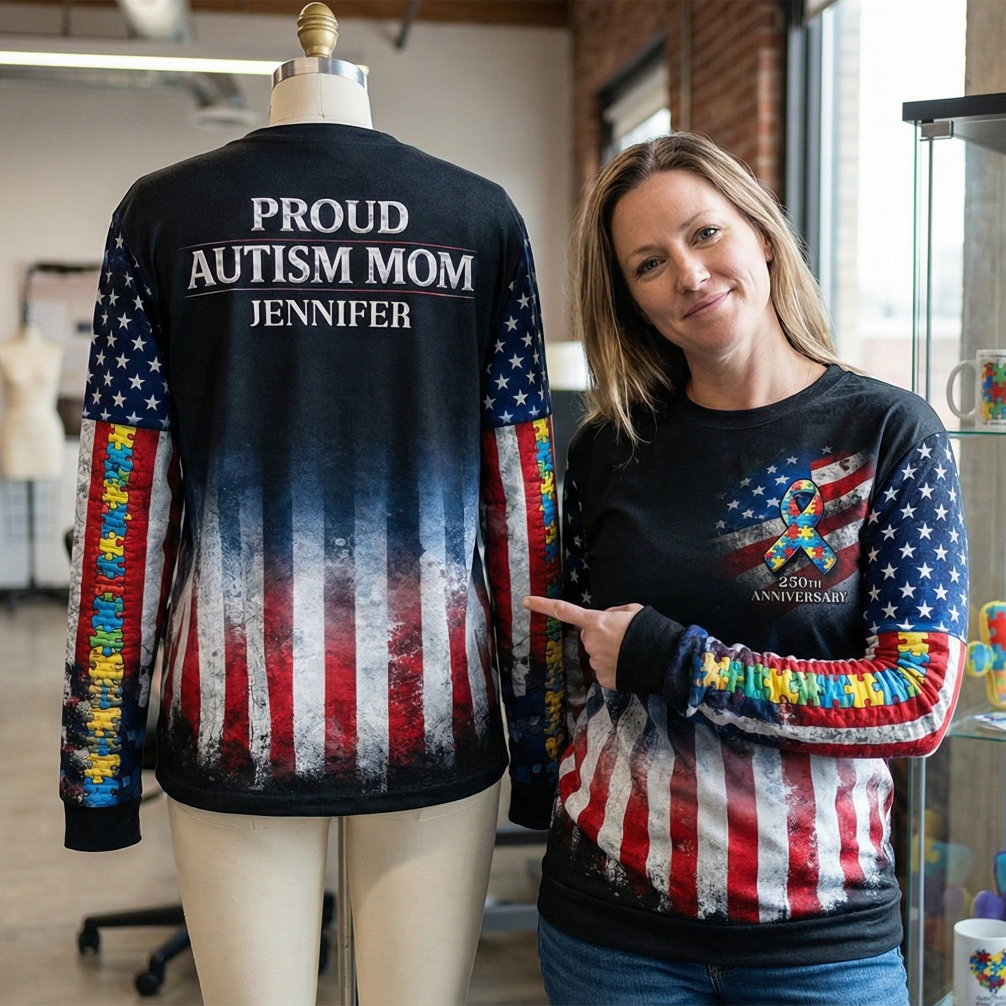 Proud Autism Parent - 250th Anniversary USA - Personalized Gift for Dads, Moms, and Family AOP Products PopCulturePrints