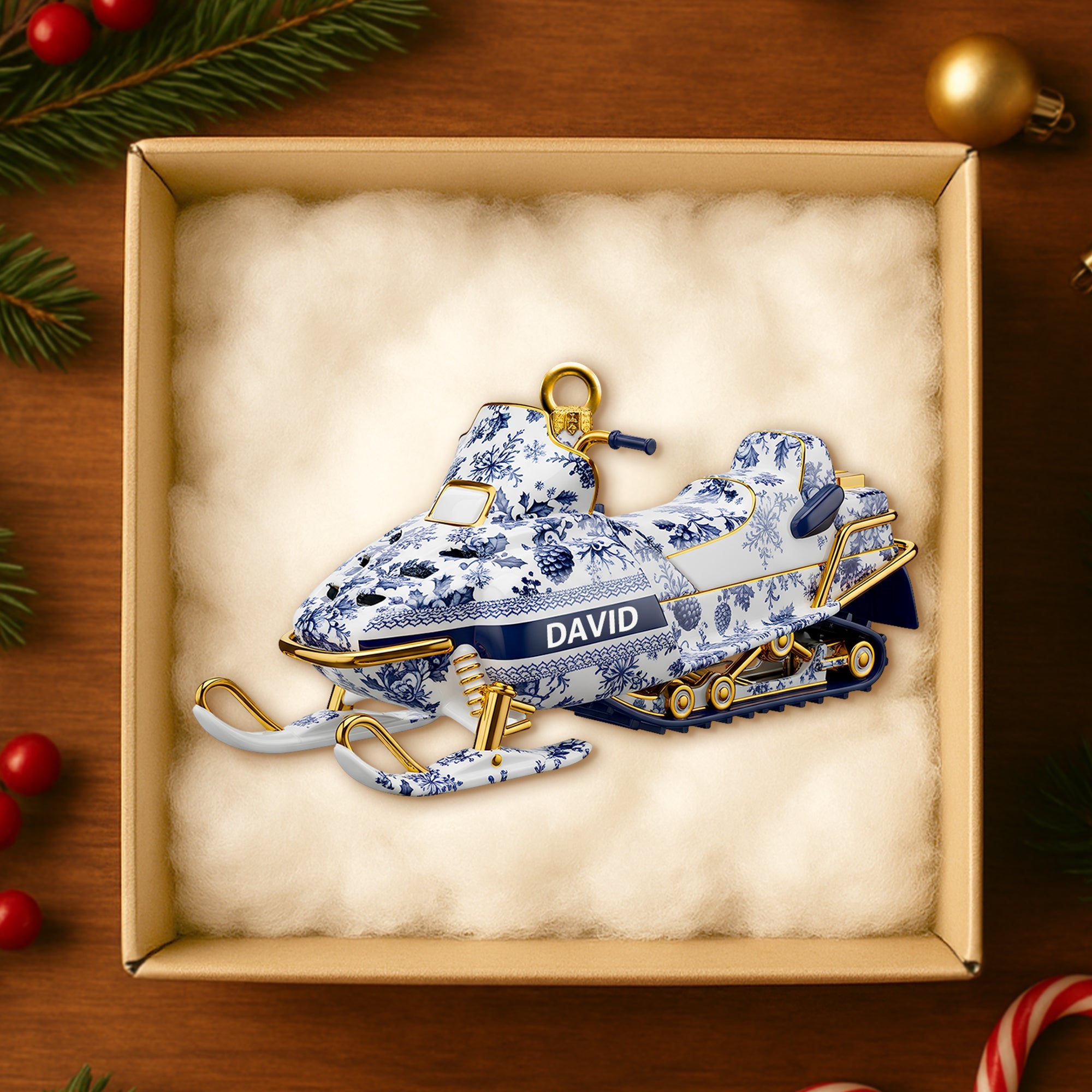 “Celebrate the Thrill of Winter!” - Snowmobile Toile de Jouy Ornament - Personalized Christmas Gift Ornament PopCulturePrints