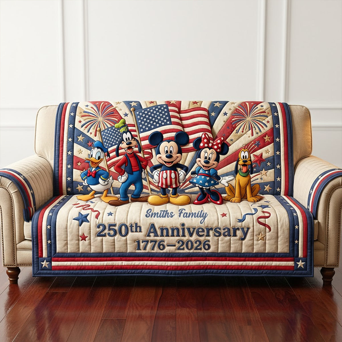 Celebrate America: Personalized 250th Anniversary Quilted Sofa Cover - Perfect Gift for Families and Patriotic Friends