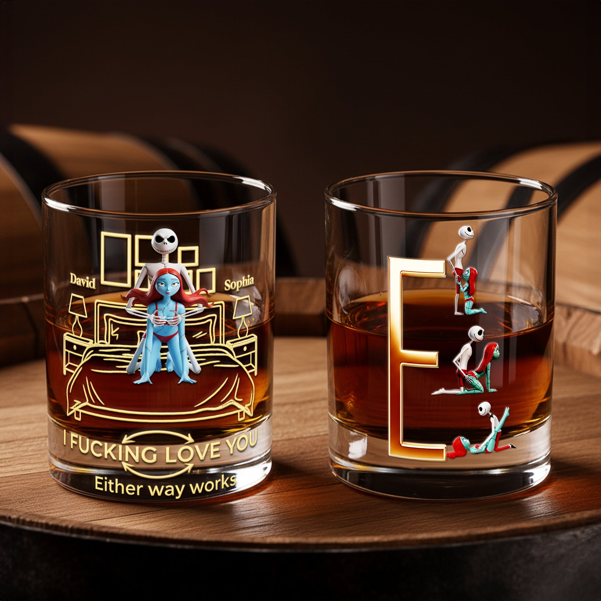 "Together in Sips, Forever in Love" - Playful Skeleton Couple Round Glass - Custom Personalized Gift for Couples Glass PopCulturePrints