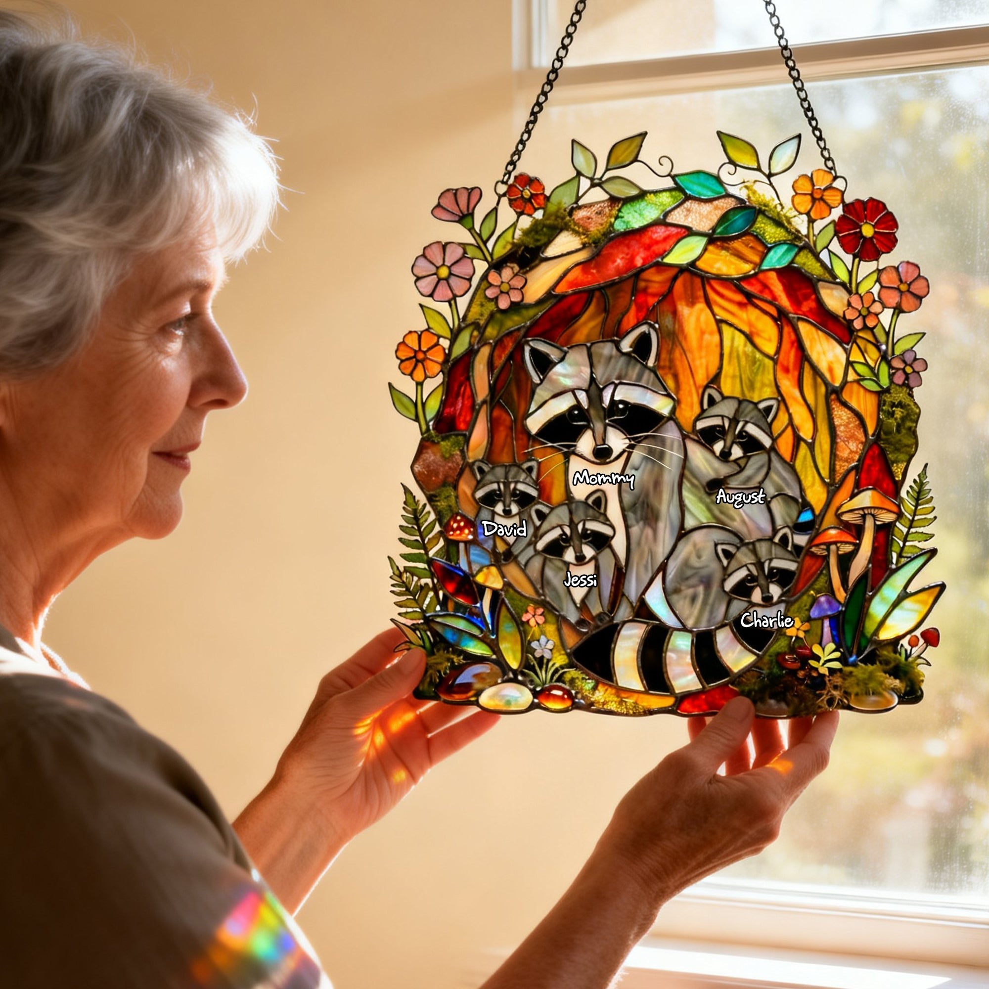 "Embrace the Beauty of Nature" - Raccoon Family Suncatcher Ornament - Personalized Gift for Mom, Grandma, and Loved Ones Ornament PopCulturePrints