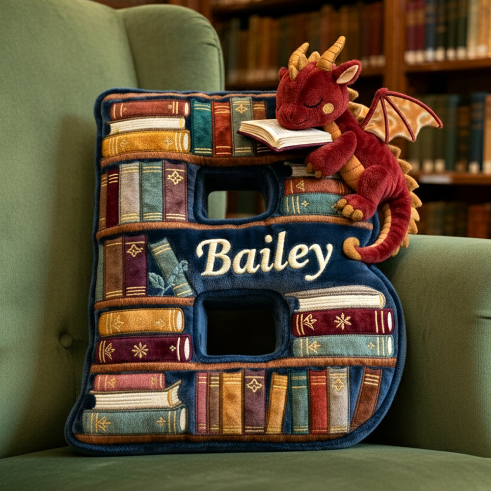 "A bookish delight for every reader!" - Personalized Book Dragon Alphabet Initial Letters Pillow - A Perfect Gift for Book Lovers Pillow PopCulturePrints