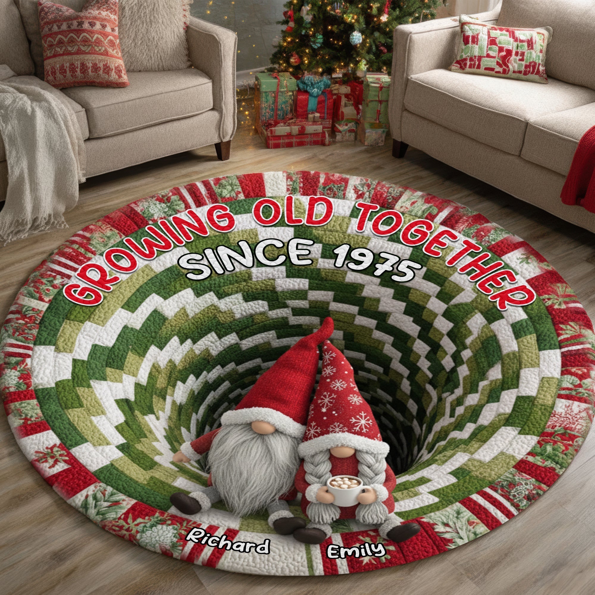 Growing Old Together - Gnome Couple Quilted Round Mat - Personalized Gifts for Couples Doormat PopCulturePrints