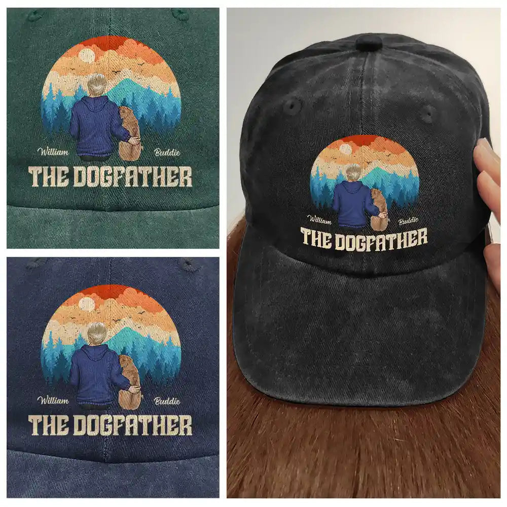 "A Gift that Speaks Volumes - The Dogfather Personalized Vintage Washed Denim Cap - Gift for Dad, Grandpa, and Dog Lovers" Vintage Washed Denim Cap PopCulturePrints