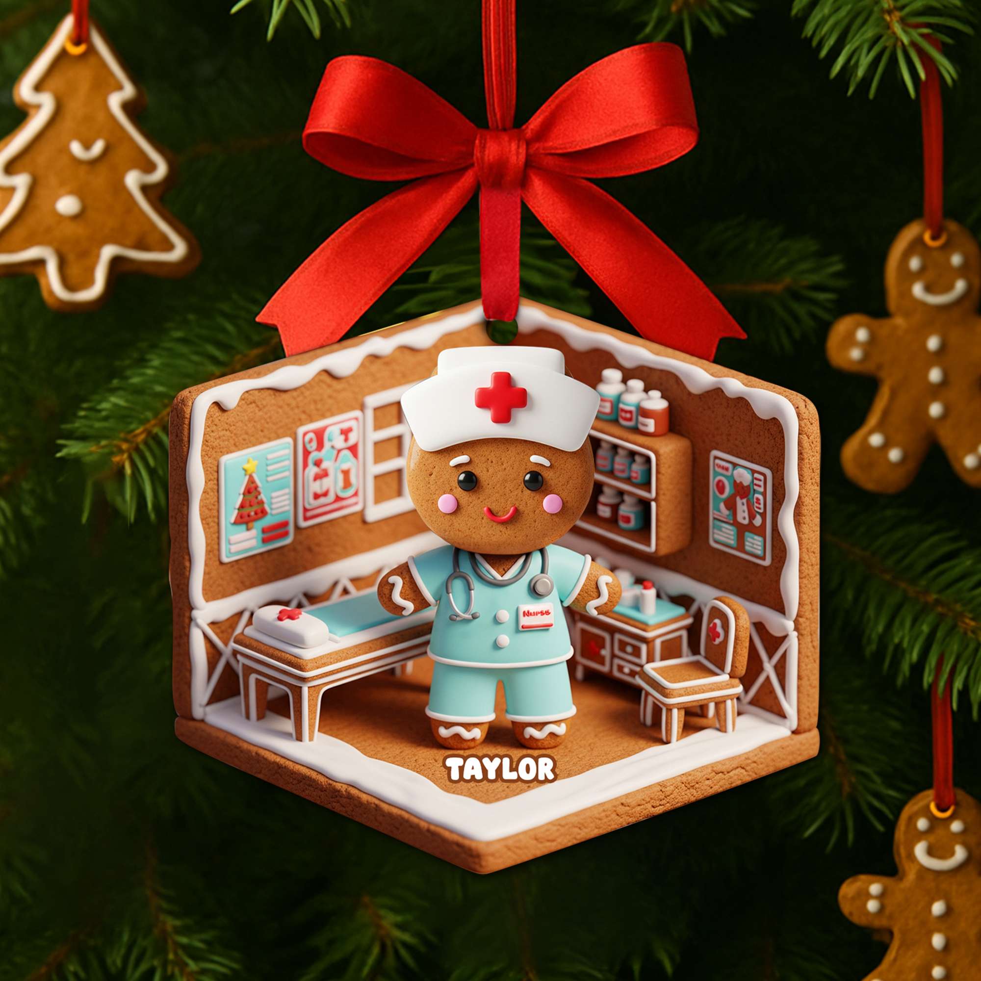 “Celebrate Care with a Touch of Sweetness” - Personalized Nurse Gingerbread Christmas Ornament - Unique Gift for Nurses, Healthcare Workers, and Holiday Celebrations Ornament PopCulturePrints