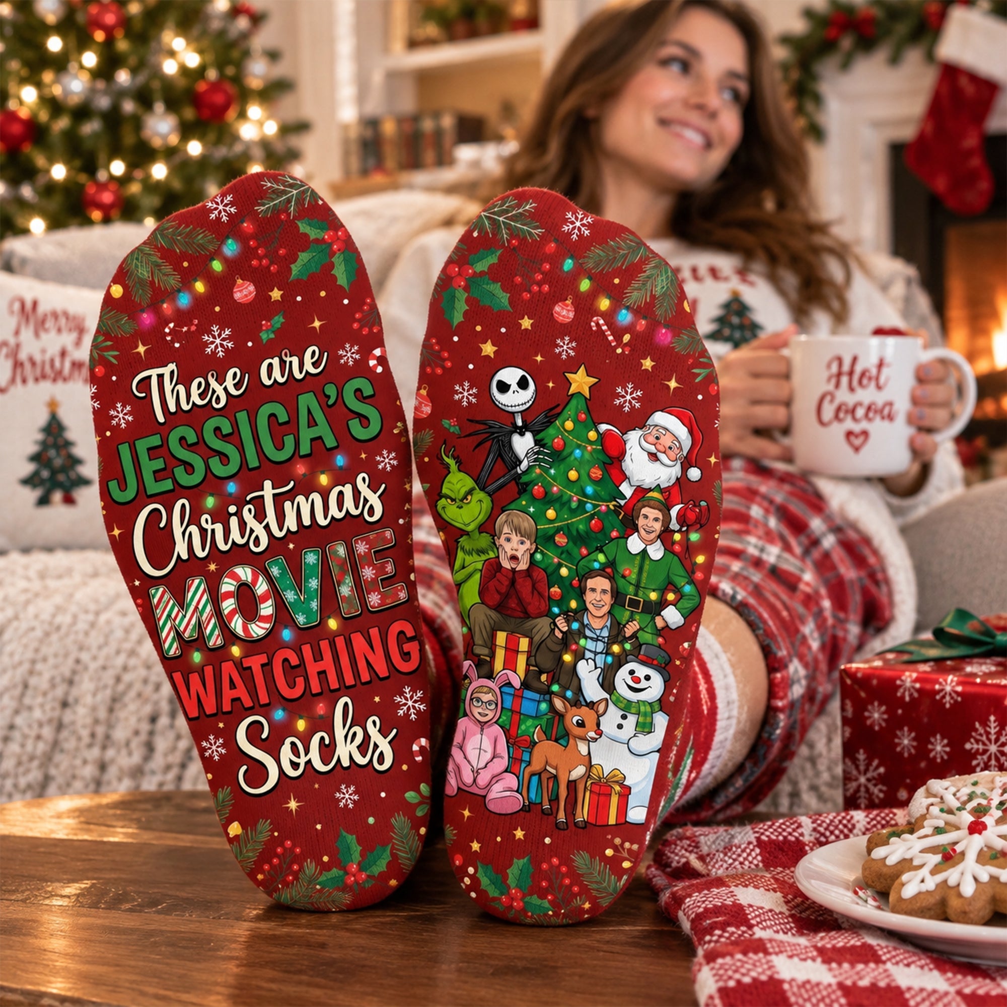 These are Jessica's Christmas Movie Watching Socks - Personalized Gift for Movie Enthusiasts