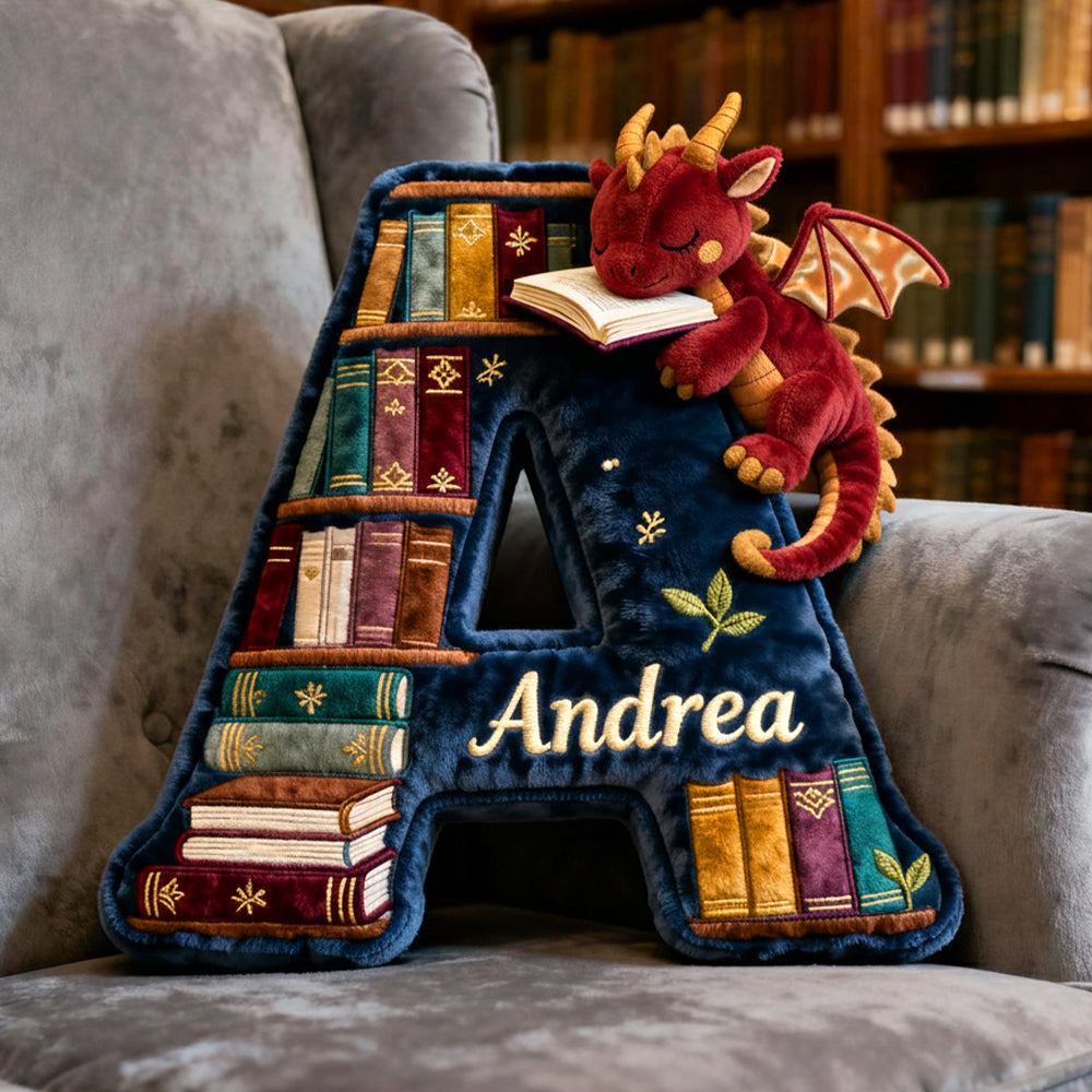 "A bookish delight for every reader!" - Personalized Book Dragon Alphabet Initial Letters Pillow - A Perfect Gift for Book Lovers Pillow PopCulturePrints