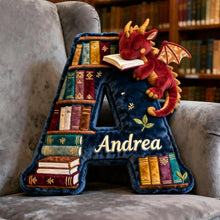 Load image into Gallery viewer, "A bookish delight for every reader!" - Personalized Book Dragon Alphabet Initial Letters Pillow - A Perfect Gift for Book Lovers Pillow PopCulturePrints
