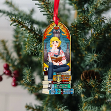 Load image into Gallery viewer, Personalized Christmas Ornament for Book Lovers – Girl Sitting on Books Ornament PopCulturePrints
