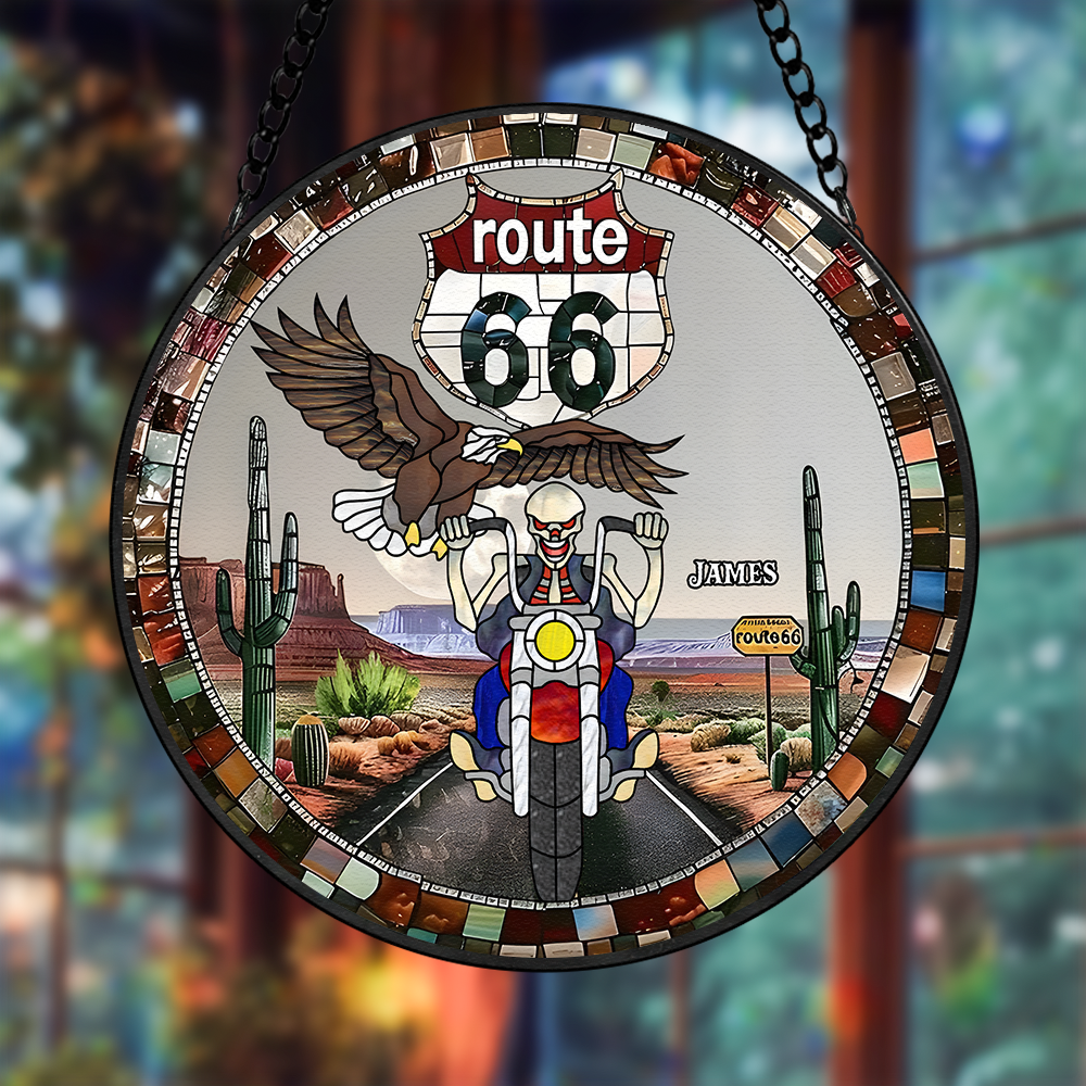 Personalized Route 66 Biker Suncatcher - Skull Motorcycle Stained Glass