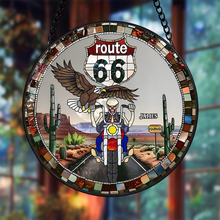 Load image into Gallery viewer, Personalized Route 66 Biker Suncatcher - Skull Motorcycle Stained Glass
