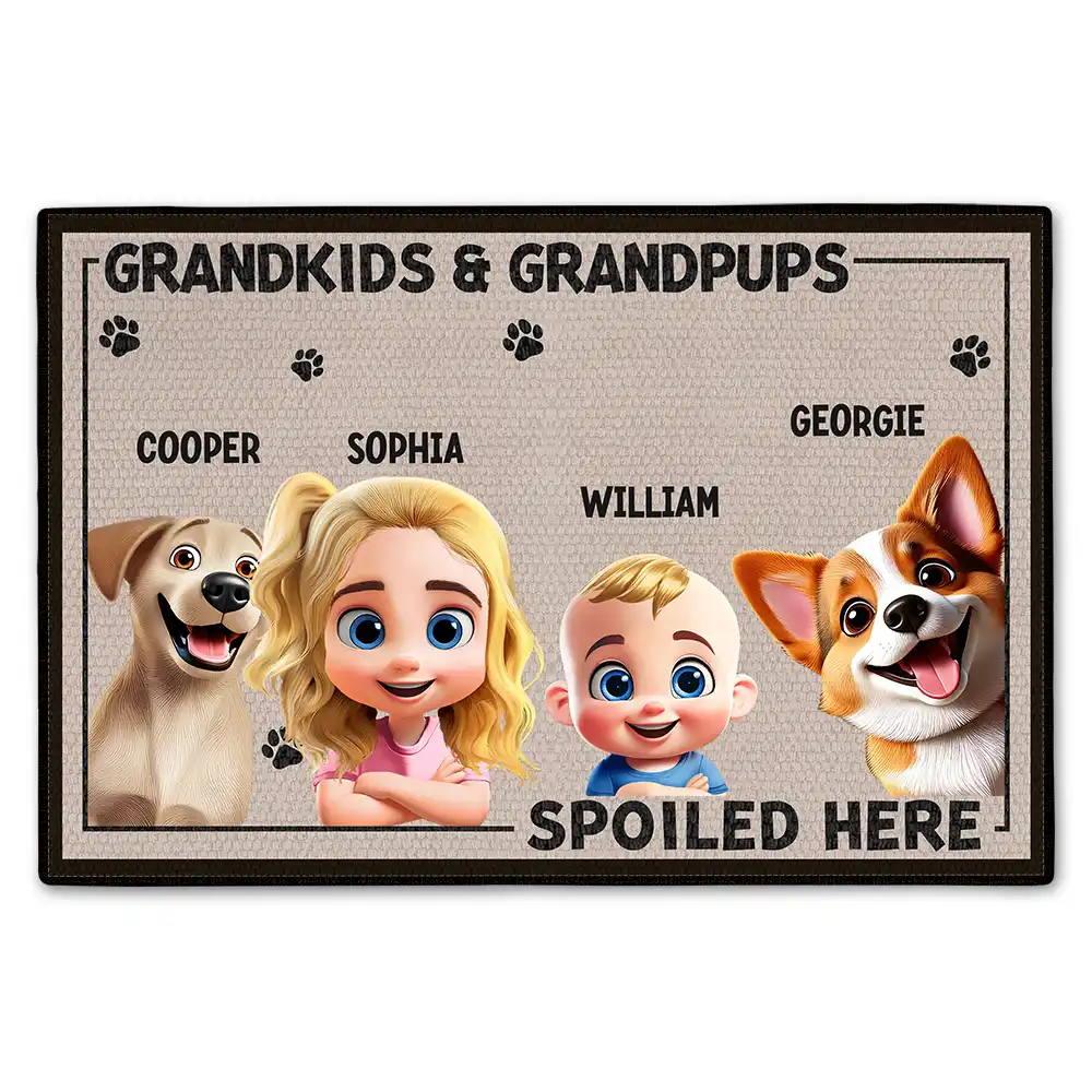 Grandkids And Grandpups Spoiled Here - Personalized Doormat Doormat PopCulturePrints