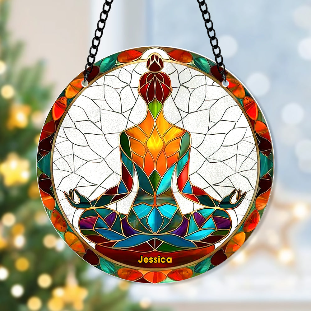 Personalized Christmas Yoga Suncatcher Ornament - Custom Name Stained Glass