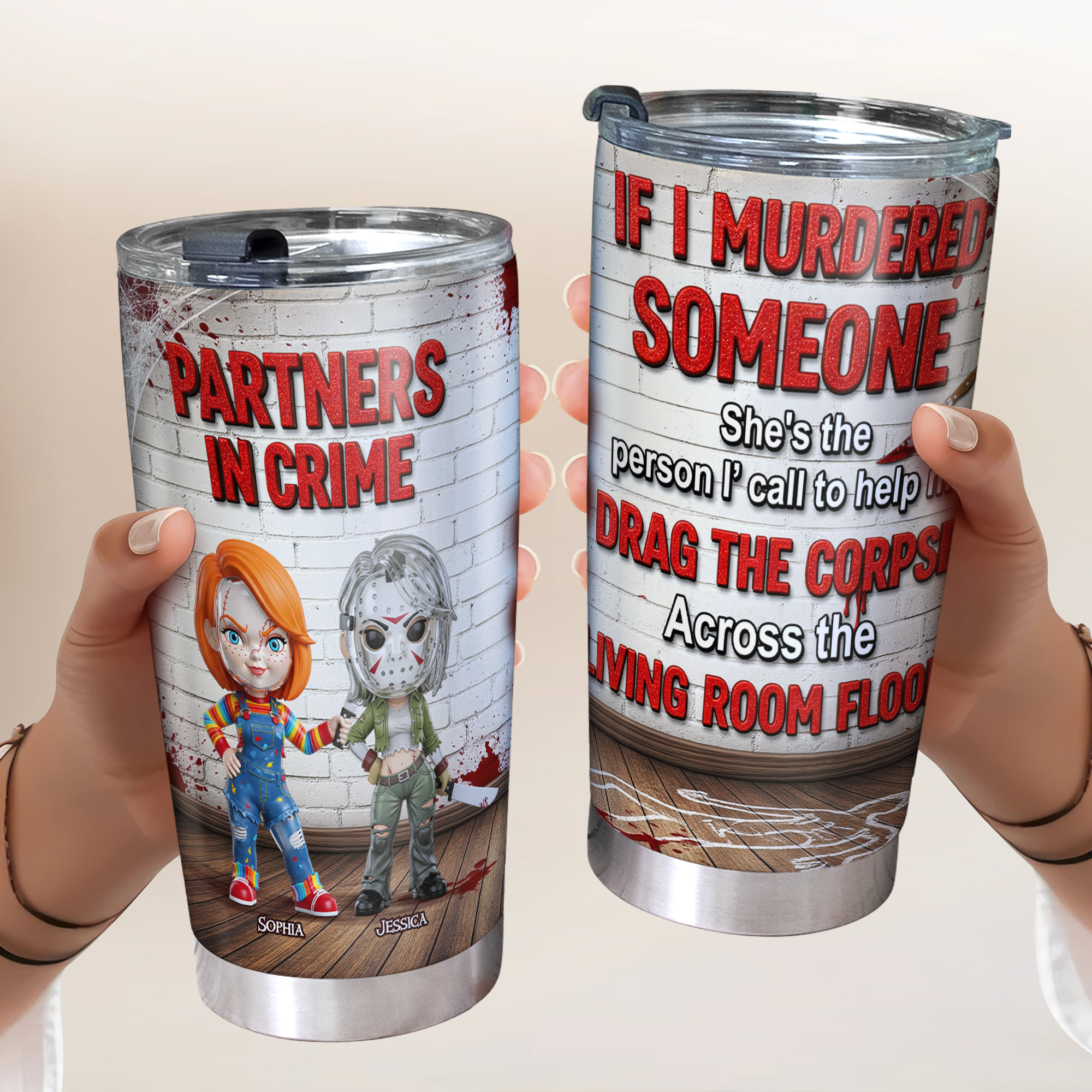 "Partners in Crime" - Custom Horror Friends 20oz Tumbler - Unique Personalized Gift for Besties Tumbler Cup PopCulturePrints