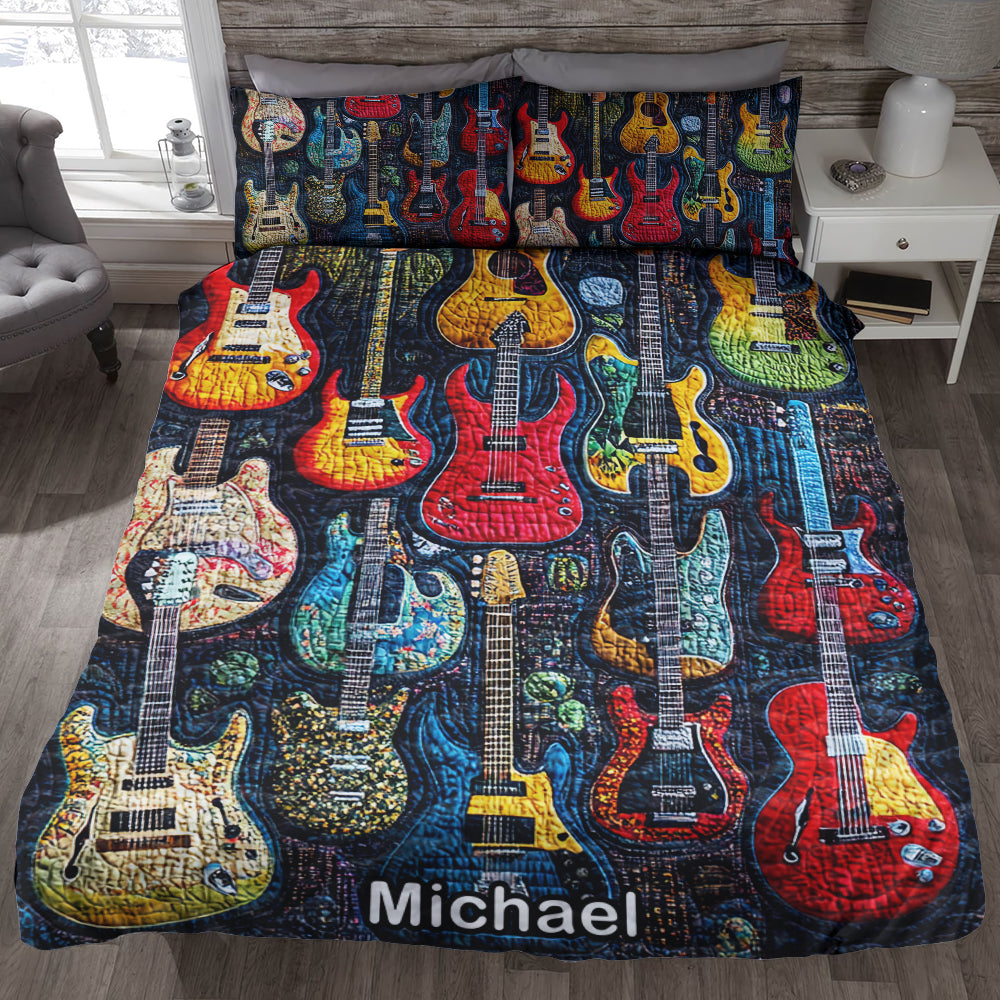 Personalized Guitar Lover's Quilt Bedding Set - Acoustic Vibe Blanket PopCulturePrints