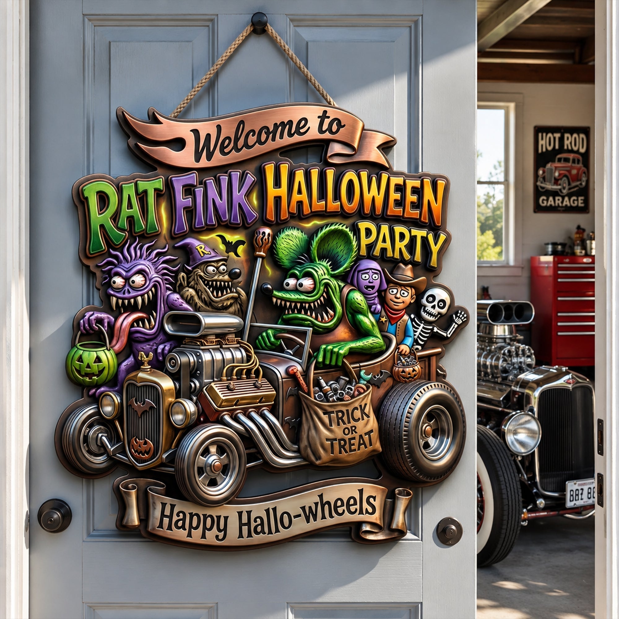 "Welcome to the Spookiest Ride!" - Personalized Hot Rod Garage Halloween Party Sign - Perfect Gift for Hot Rod Lovers Acrylic Sign PopCulturePrints