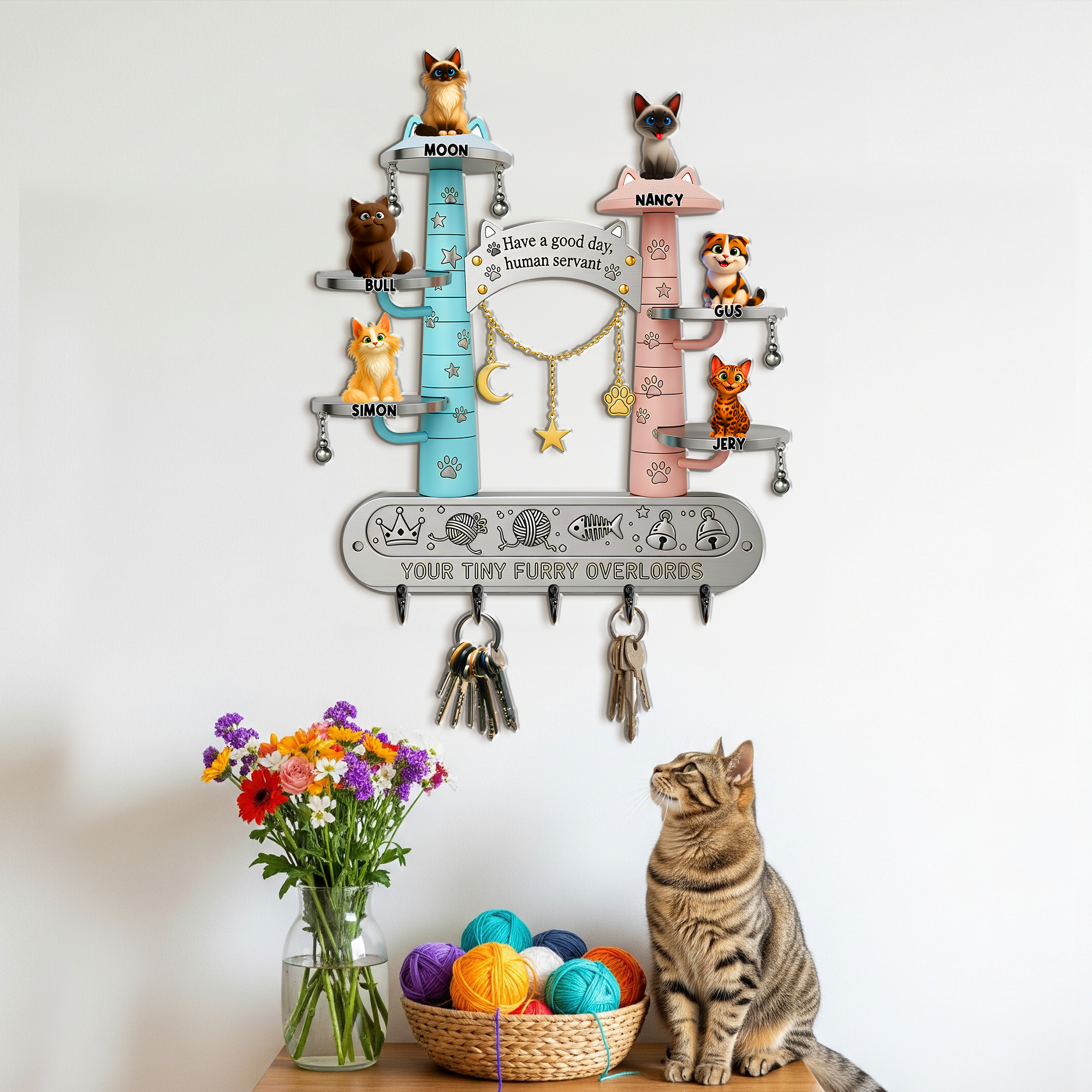 Have a Good Day, Human Servant! - Tiny Fluffy Cat Wood Key Hanger - Personalized Gift For Cat Lovers Wood Sign PopCulturePrints