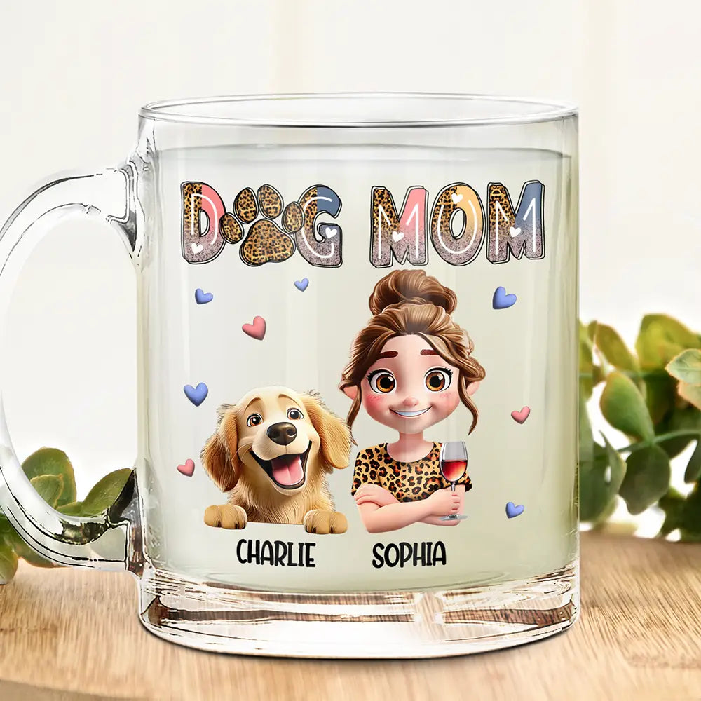 "For Every Dog Mom: Celebrate Your Love with Our Custom Glass Mug" - Personalized 3D Effect Gift for Dog Moms, Pet Lovers, and More Glass Mug PopCulturePrints