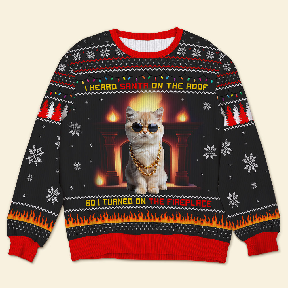 Custom Cat Christmas Sweater with Fireplace & LED Lights AOP Products PopCulturePrints