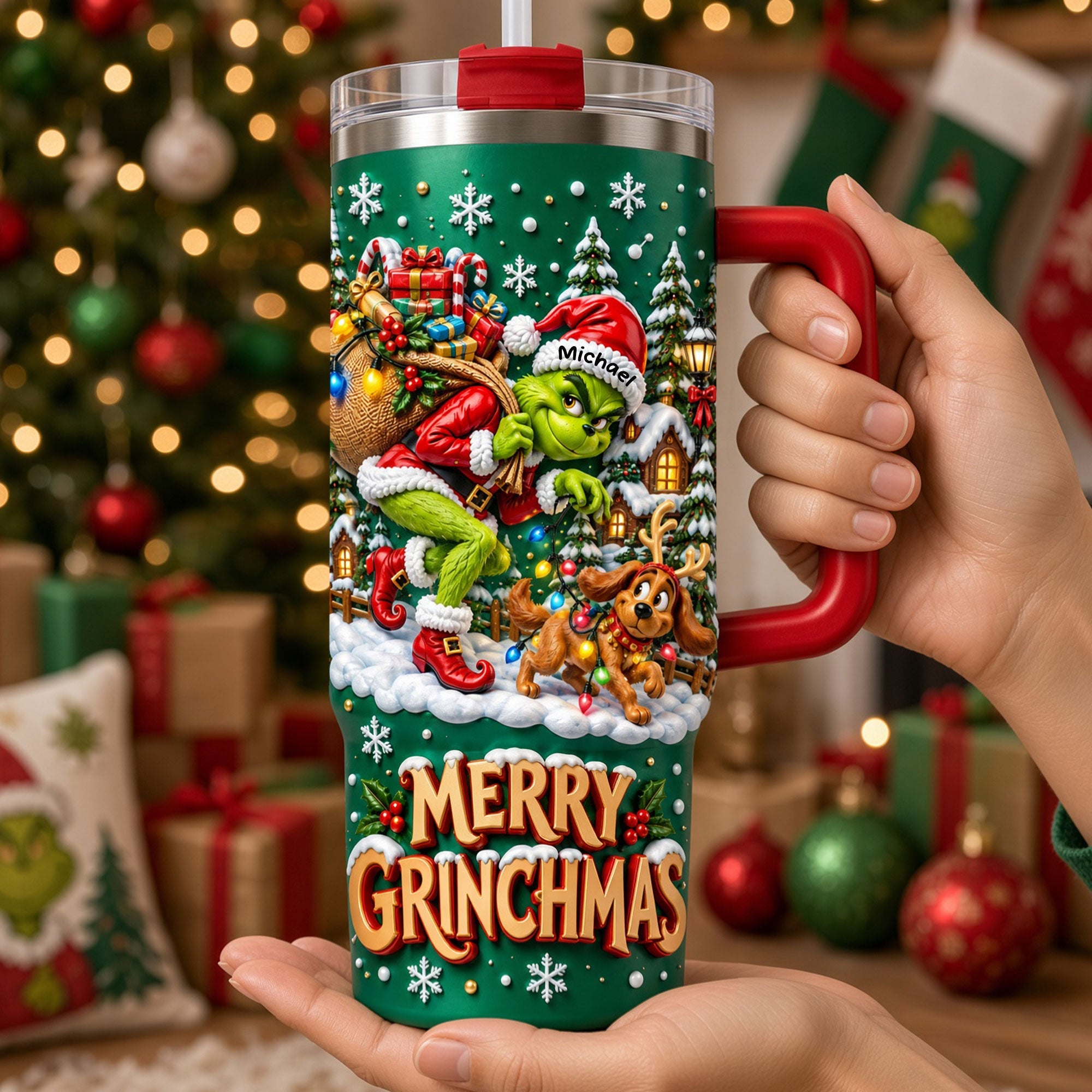 "Grinchmas Cheer for the Holidays" - Personalized 40oz Tumbler with Handle - Perfect Gift for Friends and Family Tumbler Cup PopCulturePrints