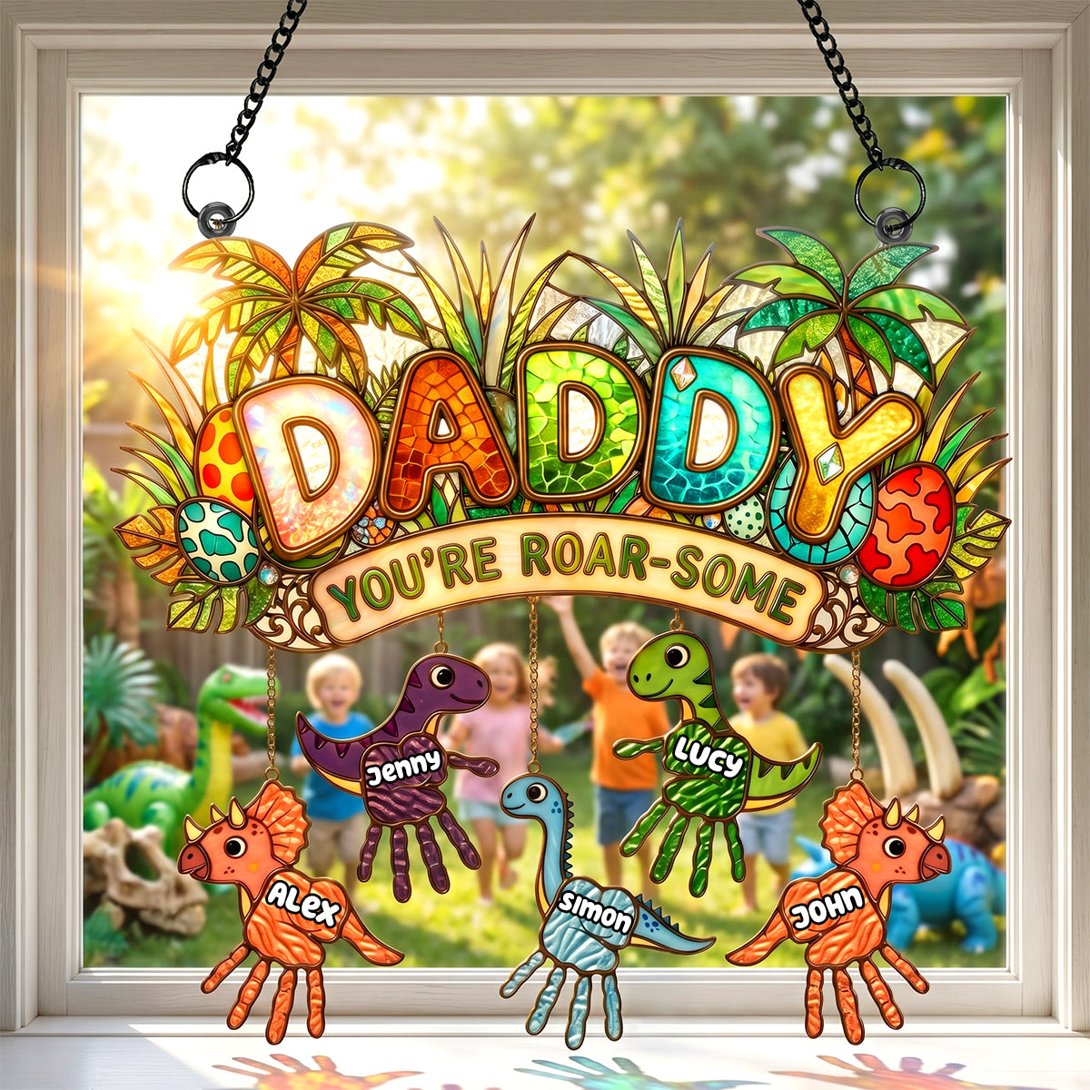 ‘Daddy, You’re Roar-some!’ - Tiny Roarsome Dino Kids Suncatcher Ornament - Personalized Gifts for Dad, Grandpa, and More Ornament PopCulturePrints