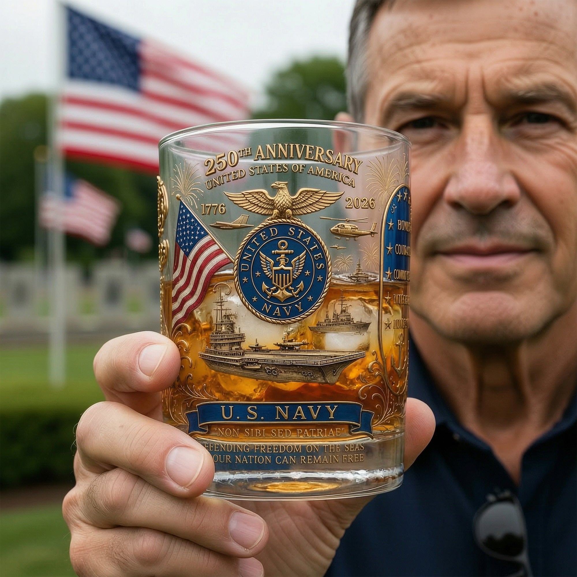 “Celebrate 250 Years of Freedom” - USA 250th Anniversary 11oz Round Glass - Personalized Gift for Veterans