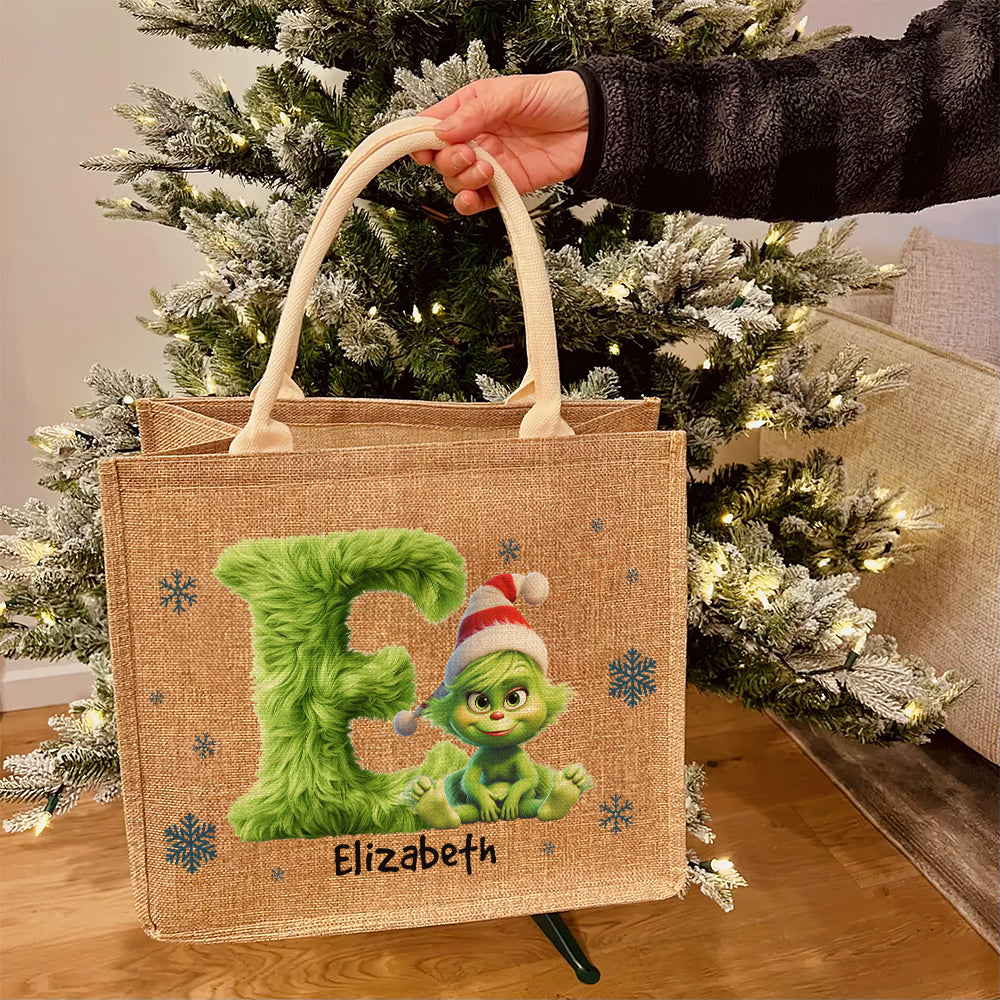 Personalized Holiday Alphabet Jute Tote Bag